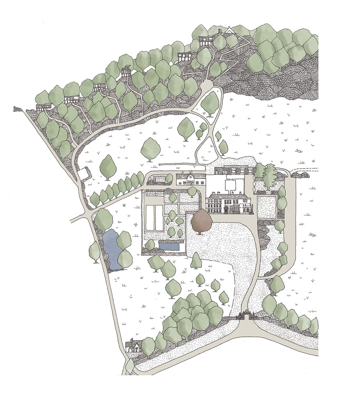 Katherine Jones - Final Beautifully Detailed and Illustrated Map of Elmore Court set within its rewilded landscape
