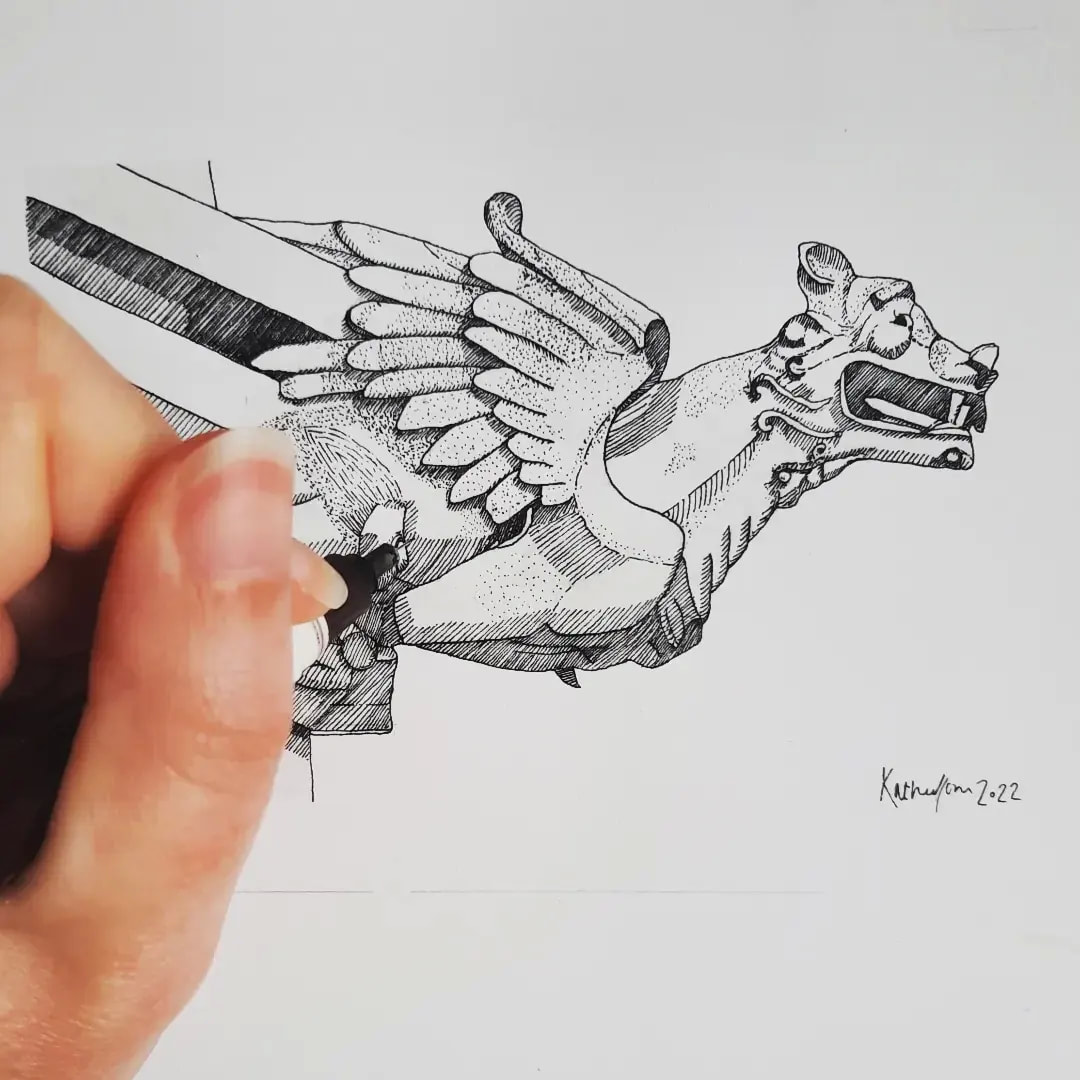 Process hand drawing of architectural illustration detail of gargoyle 