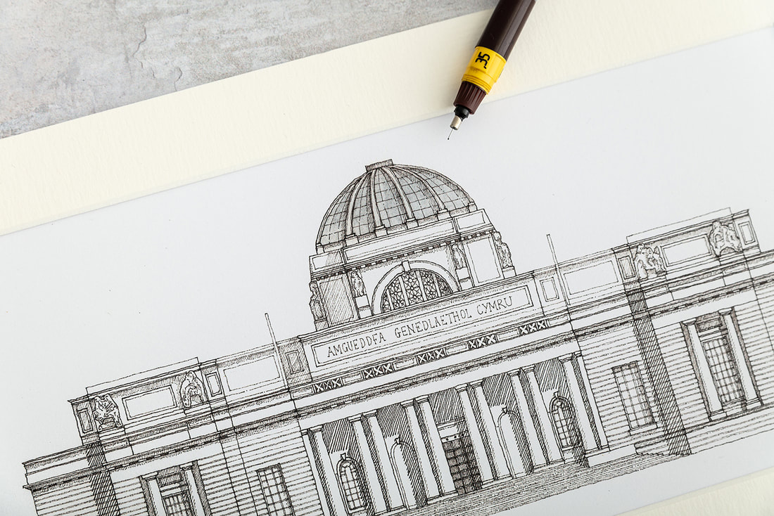 Katherine Jones - Detail image of the illustration of the main elevation of the National Museum of Wales - Amgueddfa Cymru