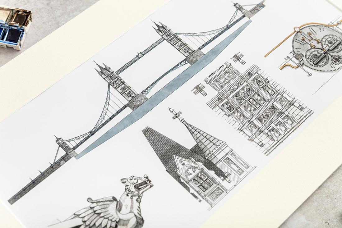 Katherine Jones - Detail view of the overall Tower Bridge Print showing all five illustrations in one and focusing on the architectural details