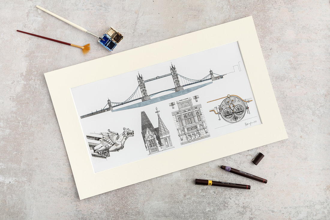 Katherine Jones Tower Bridge Print showing all five illustrations in one