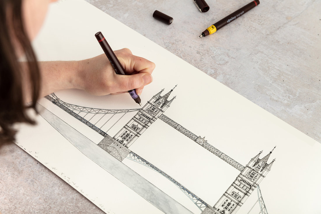 Katherine Jones Hand Drawing Commissioned Illustration of Tower Bridge, London