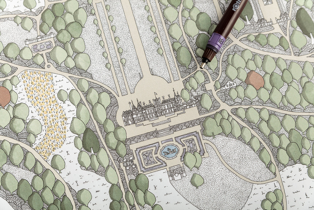 Katherine Jones Waddesdon Manor Landscape Map Illustration - Detail image showing the manor surrounded by formal gardens and woodland