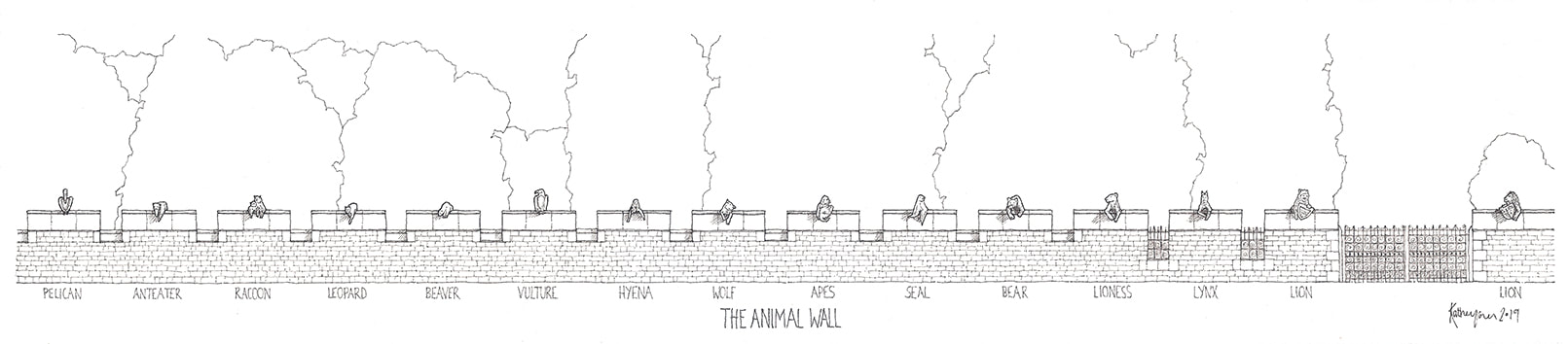 Ink drawing of Cardiff Castle's Animal Wall
