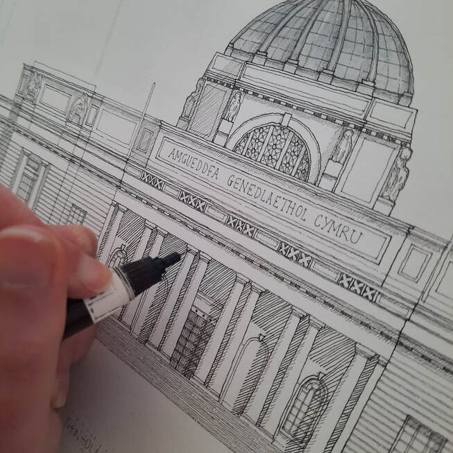 Katherine Jones Process Image - drawing the main elevation of the National Museum of Wales