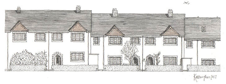 Pen and ink drawing of houses in Wales
