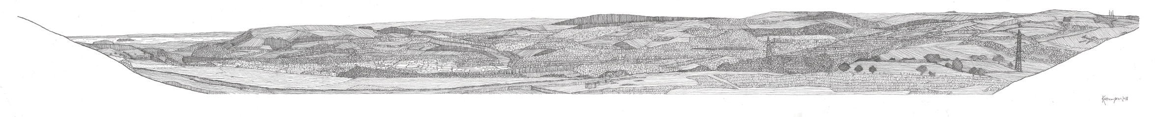Pen and ink drawing of the view from Eglwysilan, Caerphilly