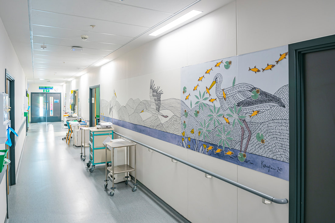 Final drawing of storks turned into a mural for maternity wall corridor