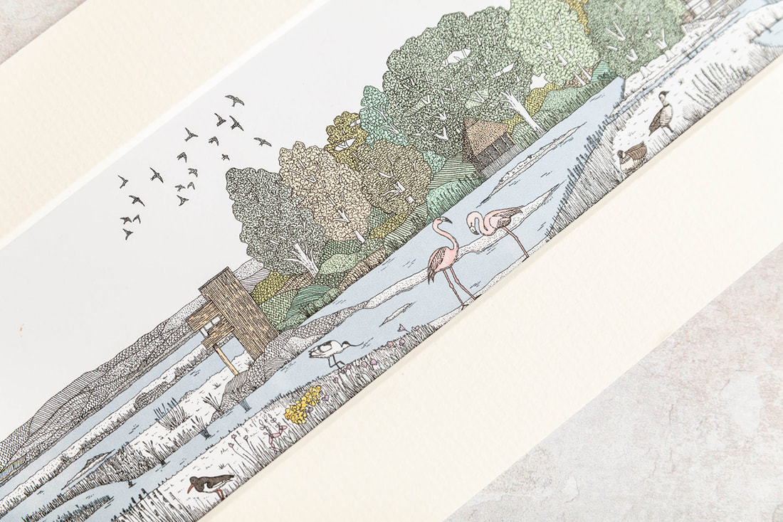 Detail close up image of the wildlife commission featuring drawings and artwork of wetlands, flamingos and swallows