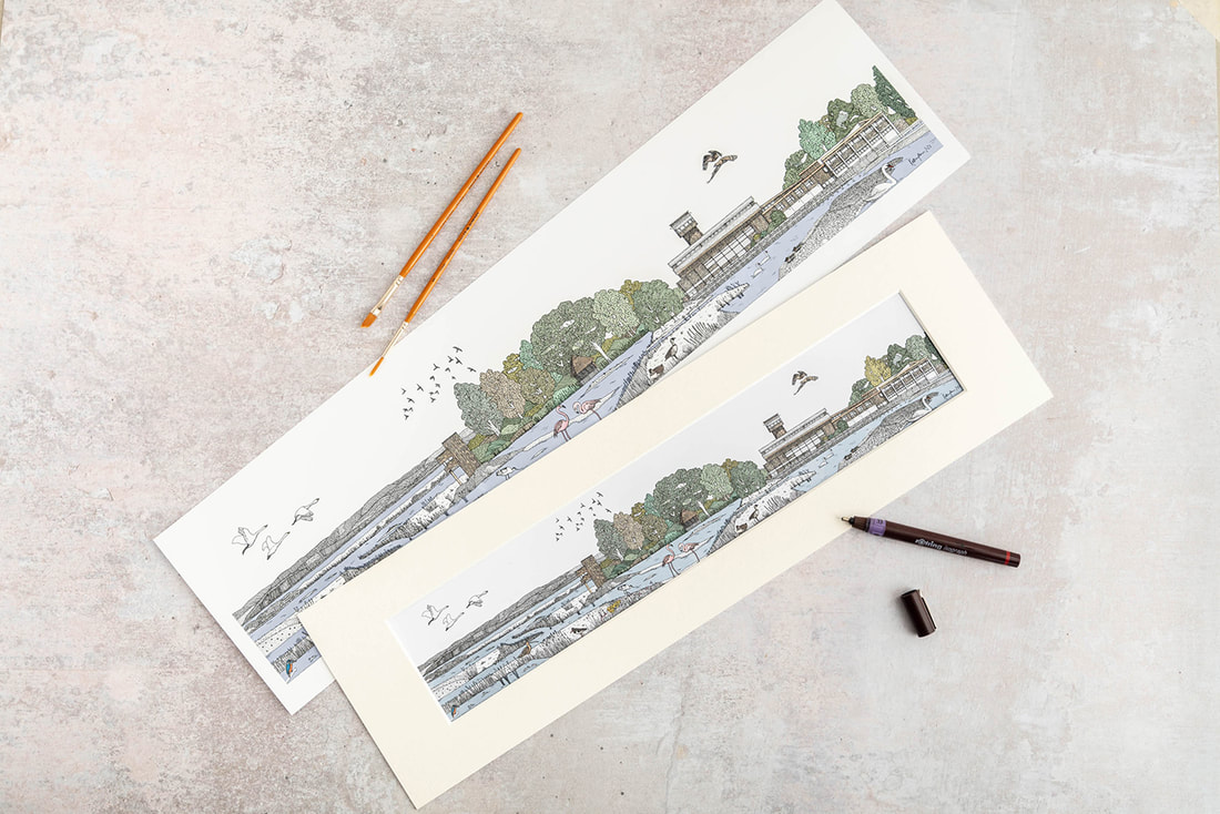 Prints at two different sizes featuring the overall drawing of Slimbridge nestled within the landscape and wetlands