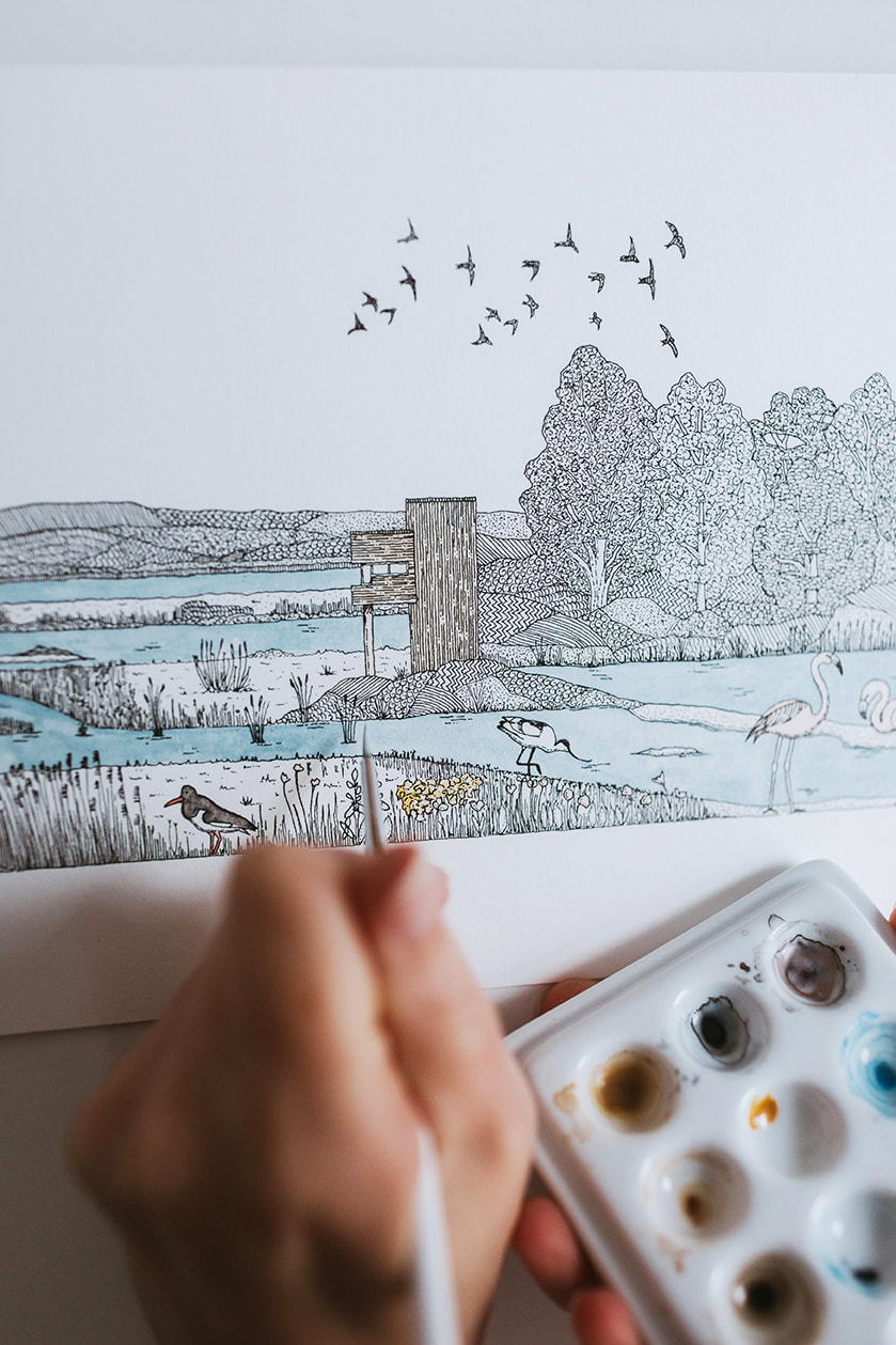 Process of creating painting of wetlands and wildlife
