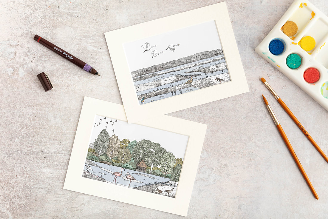 Small prints of artworks showcasing wetlands and wildlife drawing commissions