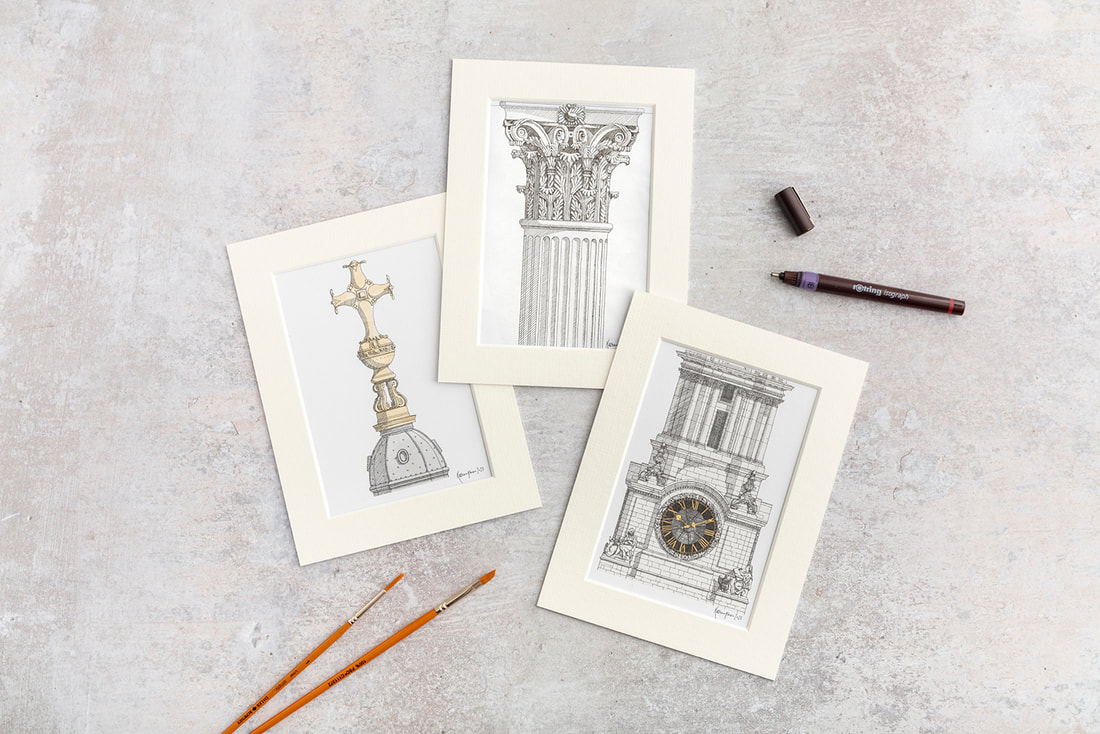 Katherine Jones Final Architecture Detail Drawings for St Paul's Cathedral - the ball & cross, the clock and the column
