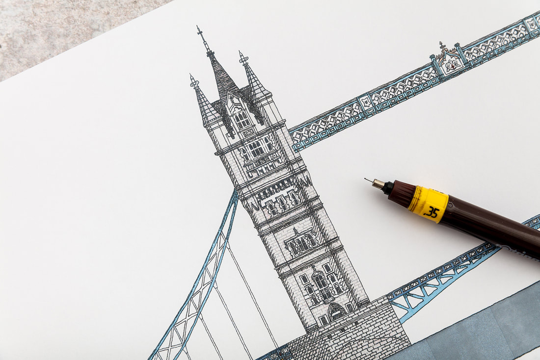 Tower Bridge architectural illustration photo of detail drawing - Katherine Jones artist