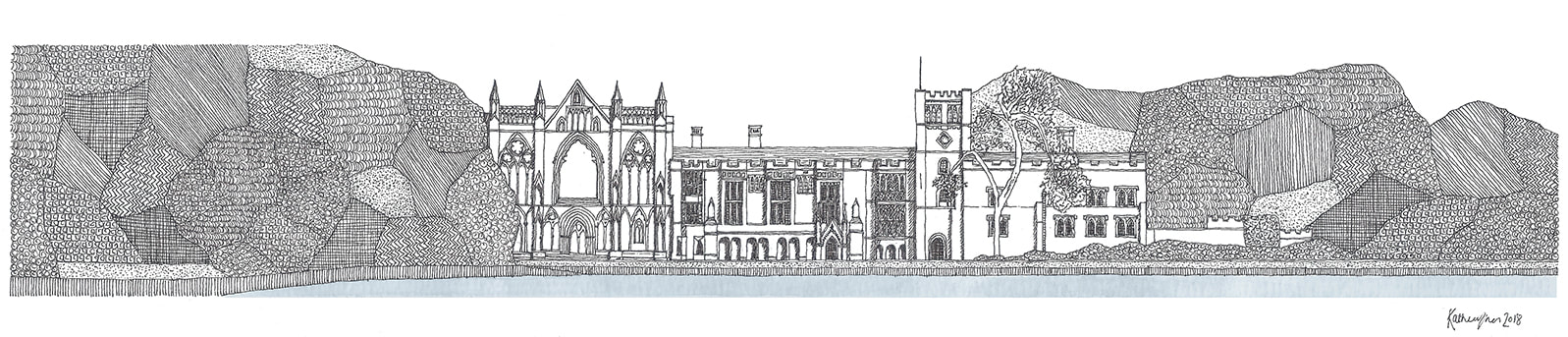 Line ink drawing of Newstead Abbey in Nottingham | Prints available