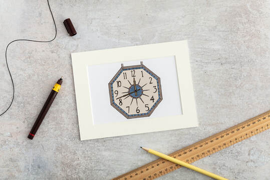 Katherine Jones - Drawing of an architectural detail (clock) of the National Museum of Wales - Amgueddfa Cymru