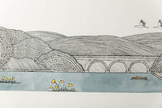 Katherine Jones Storks Grange University Commission - Detail of Landscape Drawing with Bridge