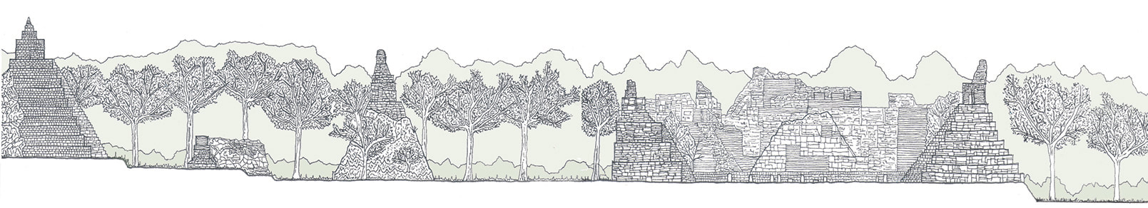 Pen, ink and pencil drawing of Tikal, ancient Mayan site in Guatemala